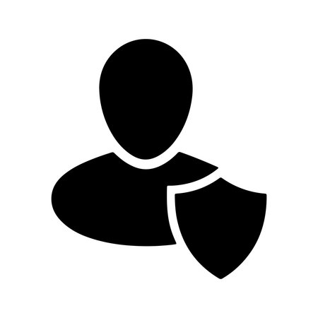 A solid icon depicting a user profile with a shield, symbolizing security and identity, isolated on a clean white background.のイラスト素材