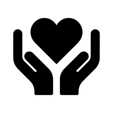 A solid icon featuring two hands gently holding a heart symbol, presented isolated on a clean white background.のイラスト素材