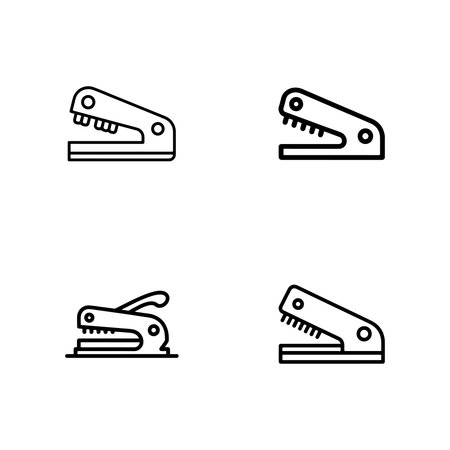 A collection of clean, minimalist outline icons representing various aspects and functions of a hole punch machine.のイラスト素材