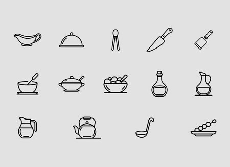 A collection of twelve clean, minimalist outline icons representing various table accessories, perfect for design projects.のイラスト素材