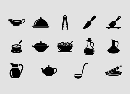 A collection of twelve distinct icons representing various table accessories, designed with a clean, solid style.のイラスト素材