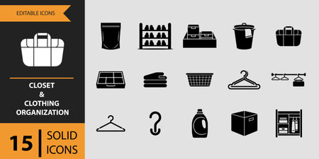 A collection of 15 solid icons representing various aspects of closet and clothing organization, presented isolated on a white background.のイラスト素材