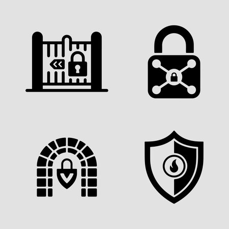 Designed in solid style these icons visualize vpn tunnels biometric security network dashboards and smart alerts for strong security focused interfacesのイラスト素材