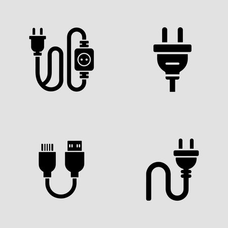 Designed in solid style these icons visualize usb cables power cords connectors and ports for strong technical interface impactのイラスト素材