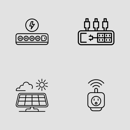 Designed in outline style these icons show power splitter switches fuse protection power banks and smart energy accessories clearlyのイラスト素材