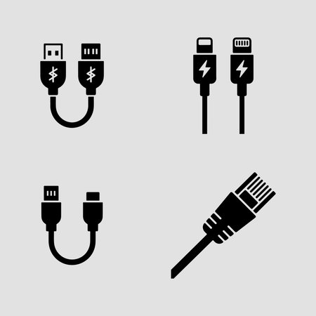 This solid cables and connectors icon set uses bold symbols to represent data power and media cable connections clearlyのイラスト素材