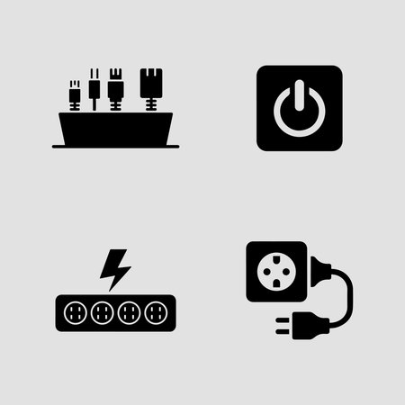 BEST SEO solid power accessories icons set for power strip surge protector power bank smart plug solar charging and energy management systemsのイラスト素材