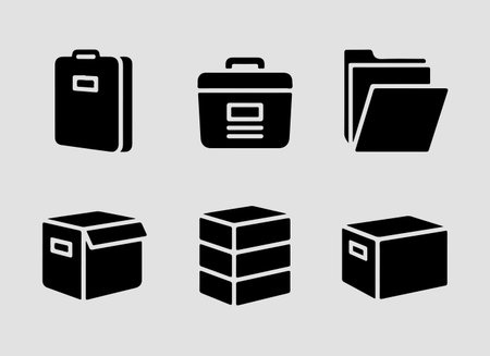 Designed in solid style these storage icons such as modular storage stackable box and compact storage are perfect for dashboards mobile apps websites and organizational tools where strong contrast simple shapes and instant recognition are essentialのイラスト素材
