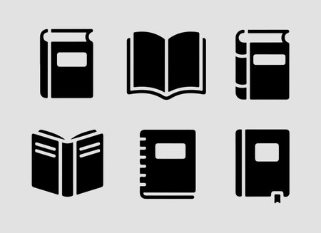 This Books and Reading Materials solid icon set includes 12 bold and highly visible icons such as softcover book book stack library book and reading book designed for strong clarity in educational apps e learning platforms and library management systemsのイラスト素材