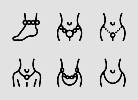 Body Piercing and Fashion Jewelry Icons outline icon set.Trendy body piercing and fashion jewelry elements drawn in stylish outline icon designsのイラスト素材