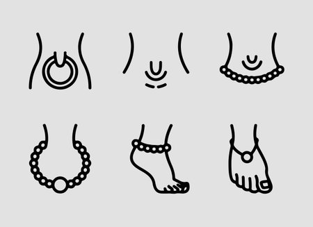 Body Piercing and Fashion Jewelry Icons outline icon set.Modern piercing jewelry concepts illustrated with clean outline icons for fashion projectsのイラスト素材