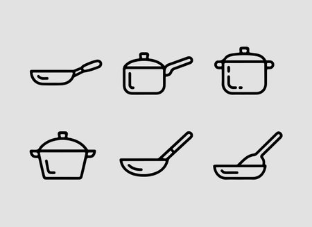 Pots and Pans Icons outline icon set.Everyday kitchen pots and pans illustrated in functional clean outline icon styleのイラスト素材
