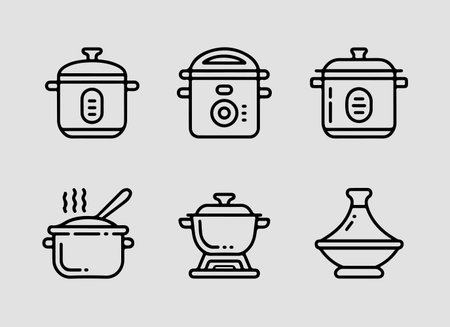 Specialty Cookware Icons outline icon set.Specialty pots pans and cookware illustrated in refined outline icon formatのイラスト素材