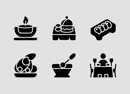 Decorative and specialty dining solid icons including cloche candle holder and table decorのイラスト素材