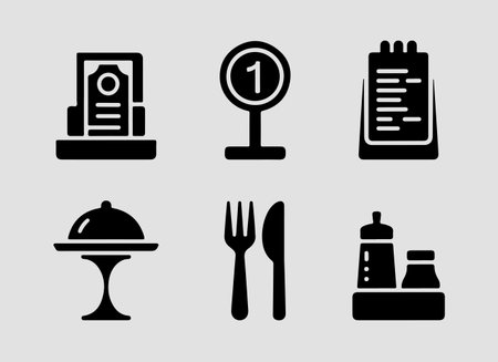 Restaurant and hospitality items solid icons featuring menu board tray bell and catering toolsのイラスト素材