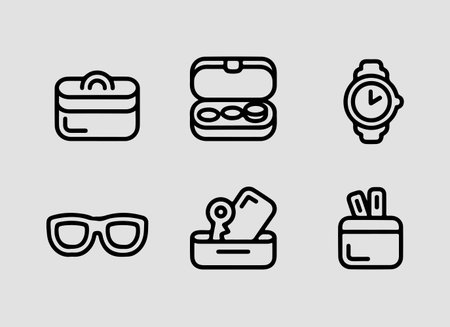 Personal storage container outline icons for home organization and lifestyle themes