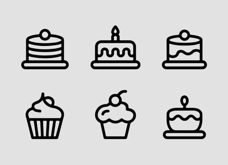 Elegant outline cakes and cupcakes icons perfect for cafe promotions wedding stationery sweet...