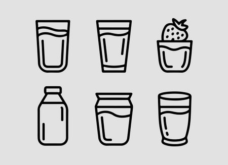A set of outline icons depicting various milk based beverages, including glasses and bottles of milk, and a strawberry milkshake, perfect for food, drink, or nutrition related projects.のイラスト素材