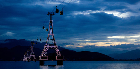The night view of the supporting tower of cablewayの写真素材