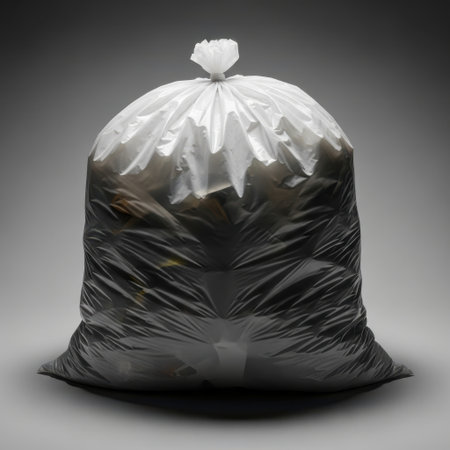 This image features a completely full black garbage bag, securely tied at the top. The contents are visible through the translucent upper portion, all presented isolated on a white background.の素材