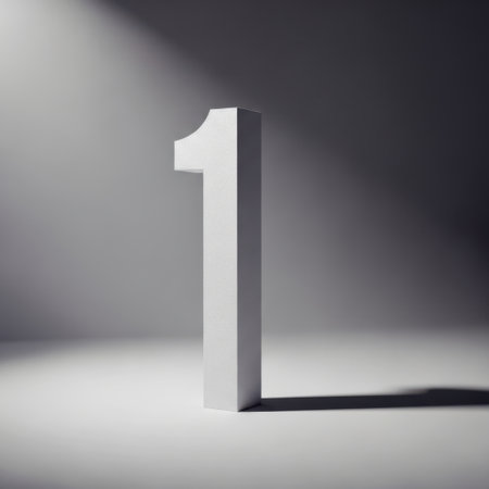 A single, bold, white number one is prominently displayed. It is illuminated by a dramatic spotlight, creating a striking shadow on the clean, white background.の素材