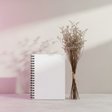 A clean, white spiral notebook is positioned beside a small bouquet of dried white flowers. The arrangement is set against a soft, textured surface, isolated on white background.の素材