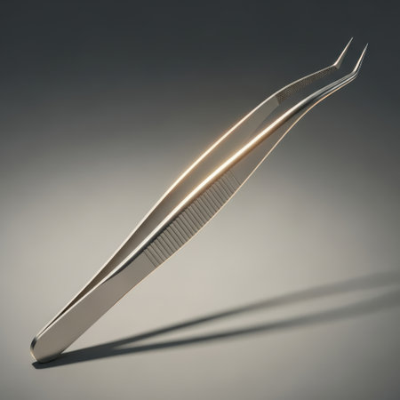 A pair of shiny metal tweezers with finely pointed, angled tips is presented on a clean white background, casting a subtle shadow.の素材