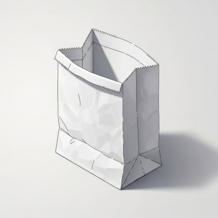 This image features a single, empty white paper lunch bag. The bag is positioned upright and shows subtle creases and folds, isolated on a clean white background.の素材