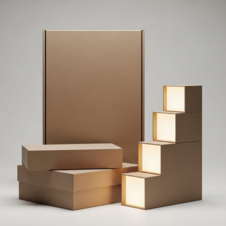 A collection of brown cardboard boxes, including a tall upright one, a stack of rectangular boxes, and a unique stair-step arrangement, all presented isolated on a clean white background.の素材