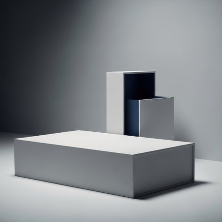 A clean and modern arrangement of geometric shapes, including a long rectangular prism and two stacked cubes, presented on a stark white background.の素材