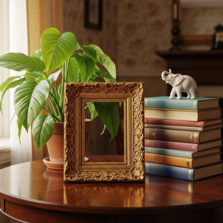 An antique, ornate golden picture frame is displayed on a polished wooden table. Beside it, a stack of colorful vintage books and a lush green potted plant are visible, isolated on white background.の素材