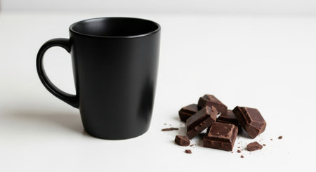 A tall, matte black mug sits beside a small pile of rich, dark chocolate pieces on a white surface.の素材
