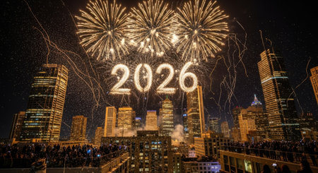 A vibrant fireworks show illuminates the night sky above a bustling city, featuring the year 2026 prominently displayed.の素材