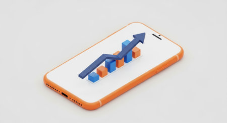A smartphone with an orange case displays a 3D upward trending graph and bar chart on its screen against a plain background.の素材