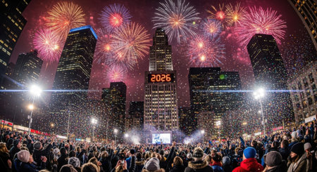 A massive crowd gathers in a city square at night, watching a spectacular fireworks show illuminate the sky above towering skyscrapers.の素材