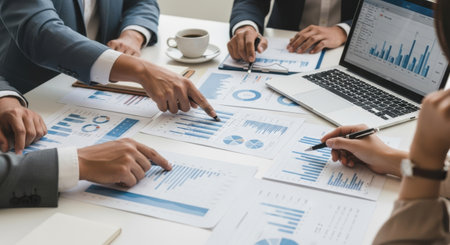 A team of business professionals in suits collaborates around a table, pointing at financial charts and graphs, with a laptop and coffee present.の素材