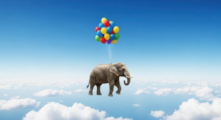 An elephant is suspended in the air, lifted by a cluster of bright, multi-colored balloons, floating among fluffy white clouds.の素材