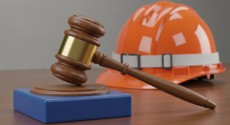 A wooden gavel rests on a blue block next to an orange hard hat, representing legal proceedings in the construction industry.の素材