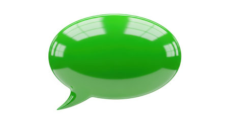 A shiny, vibrant green speech bubble icon with a pointed tail, isolated on a plain white background. It's a simple graphic element.の素材