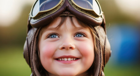 A close-up portrait of a happy young boy with bright blue eyes wearing a retro pilot hat and goggles, looking upwards.の素材
