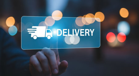 A finger touches a glowing digital screen displaying a delivery truck icon and the word 'Delivery' with a bokeh background.の素材