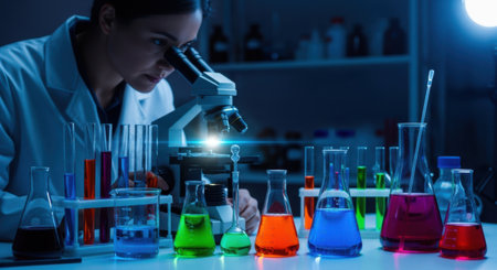 A researcher in a lab coat looks through a microscope, surrounded by colorful liquids in beakers and flasks, illuminated by blue light.の素材