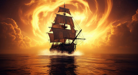 A dramatic scene of an old sailing ship navigating turbulent waters under a blazing, fiery sky.の素材