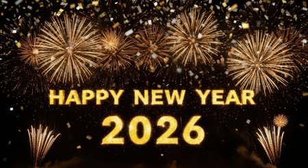 A festive display of golden fireworks illuminates the night sky, wishing everyone a happy new year in 2026.の素材