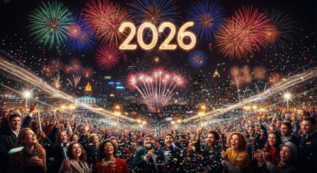 A massive crowd gathers to witness a vibrant fireworks show illuminating the night sky, marking the celebration of the upcoming year 2026.の素材