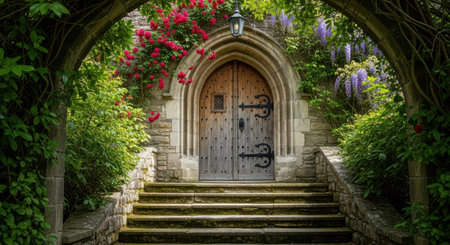 A weathered wooden door with ornate hinges sits at the top of stone steps, framed by lush greenery and vibrant flowers.の素材