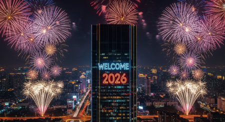 A tall skyscraper displays "WELCOME 2024" in bright lights, surrounded by a vibrant fireworks display over a city at night.の素材