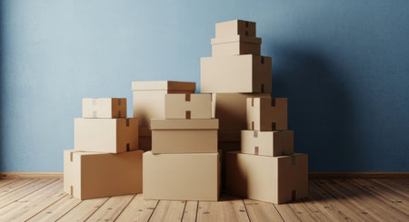 A tall, uneven stack of various sized cardboard boxes are piled against a textured blue wall on a wooden floor.の素材