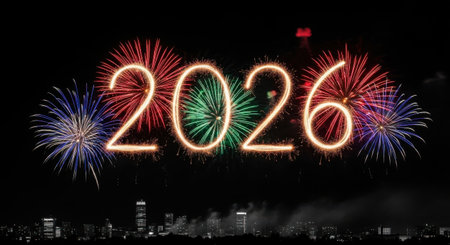 Vibrant fireworks illuminate the night sky, forming the numbers 2026 above a silhouetted cityscape, marking a festive celebration.の素材