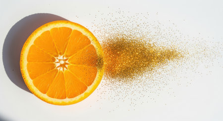 A vibrant orange fruit is shown sliced in half, with one half dissolving into a cloud of sparkling golden glitter.の素材